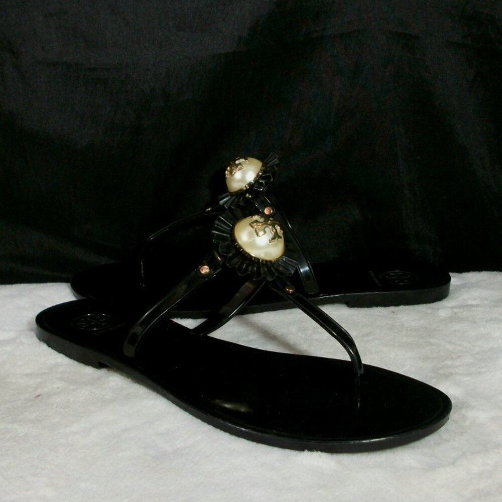 TORY BURCH MELODY PEARL LOGO BLACK JELLY THONG FLIP FLOP SANDALS 9M FREE SHIP